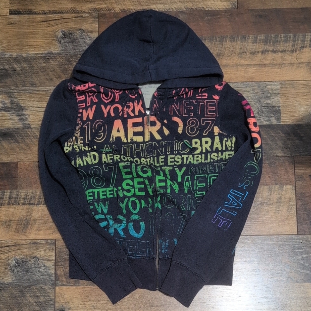 Aeropostale Multicolor Rainbow Graphic Navy Zip-Up Sweatshirt
